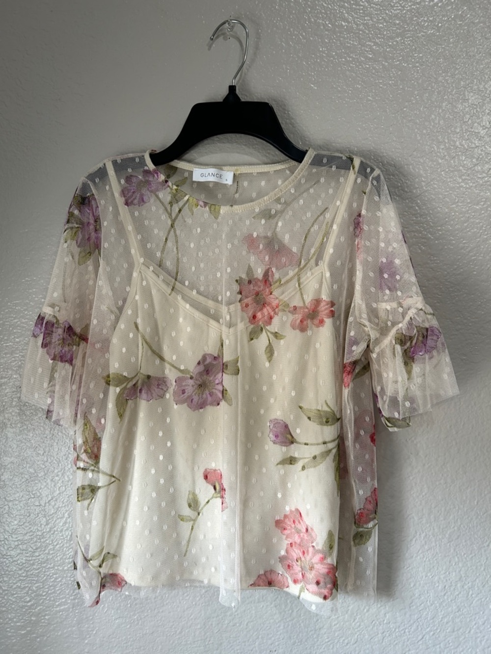 Glance Cream Floral Mesh Overlay Women's Top Sz S Short Sleeve  Boho Chic TC0391